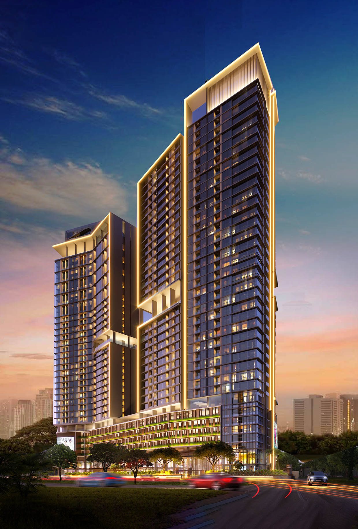 Celadon tower at Magna One illuminated at dusk